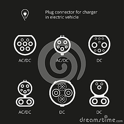 Plug connector for charging electric vehicle. Vector illustration charging cord. Vehicle inlet. Icons connectors type AC and DC. Vector Illustration