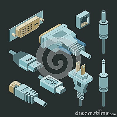 Plug connectors. Vga hand drawnmi video cable electricity power usb port socket adapters vector isometric Vector Illustration