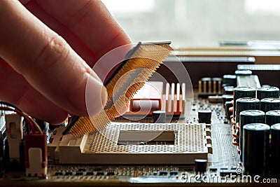 Plug CPU microprocessor to motherboard socket. Stock Photo