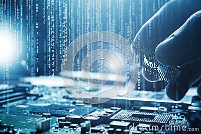 Plug in CPU microprocessor to motherboard socket Stock Photo
