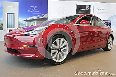 The plug-in electric car Tesla Model 3 Editorial Stock Photo