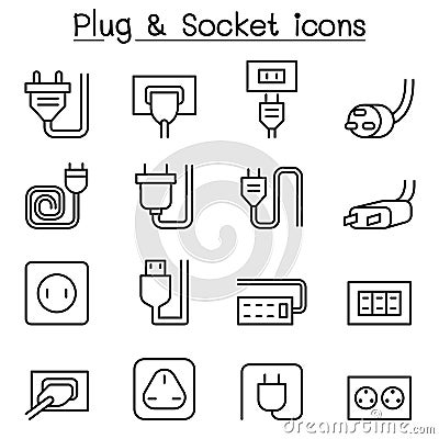 Plug & Socket icon set in thin line style Vector Illustration