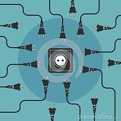 Plugs seek outlet. Free electricity flat design concept. Vector Illustration