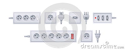 Plugs and Socket Types. Uk, Us, Eu, Au, Universal, Three-pin, Two-pin Round Adapters. Connection Power Appliances Set Vector Illustration