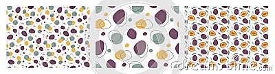 Plum abstract background set. Three pattern collection. Seamless pattern with yellow, purple abstract spots hand drawn Vector Illustration