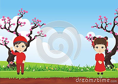 Plum blossom tree. with two chinese kid and beautiful landscape Stock Photo