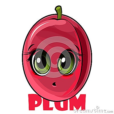 Plum fruits. Face. Inscription. The isolated object on a white background. Ripe. Cartoon flat style. Illustration Vector Illustration