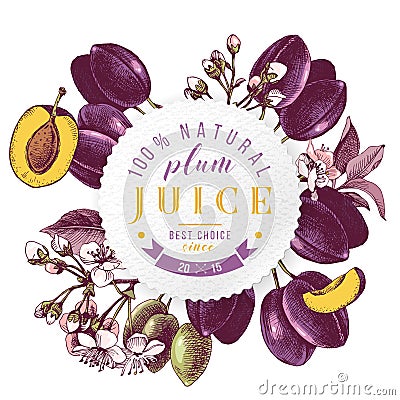 Plum juice paper emblem over hand drawn plum branches Vector Illustration