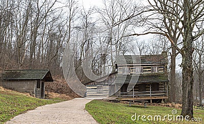 Plum, Pennsylvania, USA December 22, 2023 The Carpenter Log Cabin, a historical home in Boyce Park Editorial Stock Photo