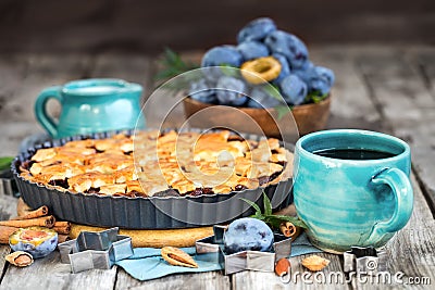 Plum pie with cinamon and almonds Stock Photo