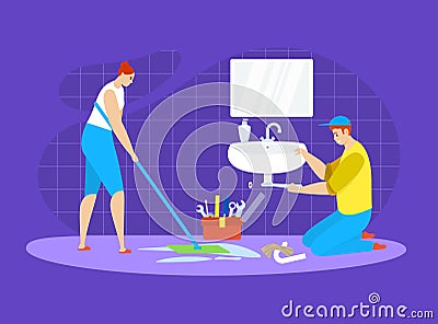 Plumb servise, professional help vector illustration. Worker in bathroom repair drain under sink. Mechanic unscrewed Vector Illustration