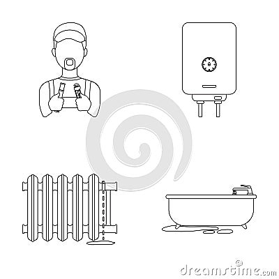 Plumber, boiler and other equipment.Plumbing set collection icons in outline style vector symbol stock illustration web. Vector Illustration