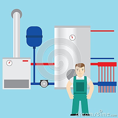 Plumber and boiler room in the background. Vector Illustration