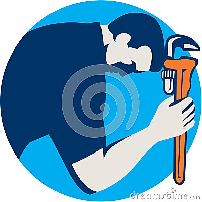 Plumber Bowing Holding Monkey Wrench Circle Retro Vector Illustration