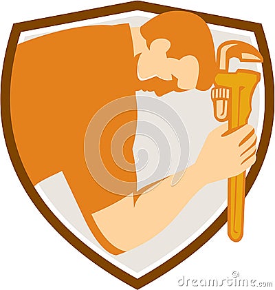 Plumber Bowing Monkey Wrench Shield Retro Vector Illustration