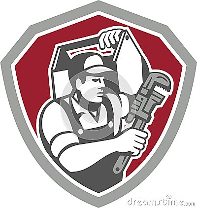 Plumber Carry Toolbox Wrench Shield Retro Vector Illustration