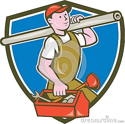 Plumber Carrying Pipe Toolbox Crest Cartoon Stock Photo