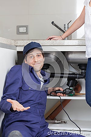 Plumber doesn't knows what to do Stock Photo