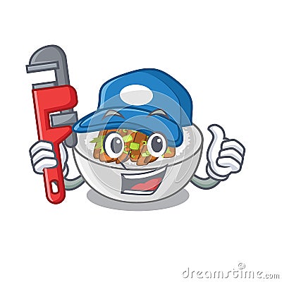 Plumber donburi above a tables wood cartoon Vector Illustration