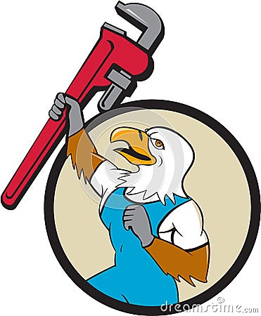 Plumber Eagle Raising Up Pipe Wrench Circle Cartoon Vector Illustration