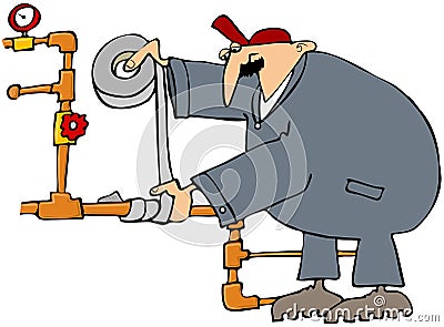 Plumber Fixing A Pipe With Duct Tape Cartoon Illustration