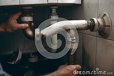 Plumber Fixing Pipe, neural network generated photorealistic image Stock Photo