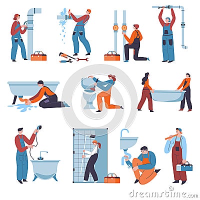 Plumber fixing sink, bathtub and leaking pipes Vector Illustration