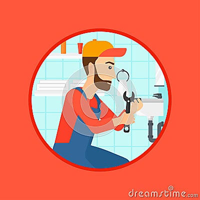 Plumber fixing sink pipe with wrench. Vector Illustration