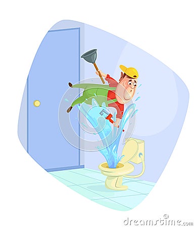 Plumber fixing toilet Vector Illustration