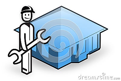 Plumber in front of little house Stock Photo