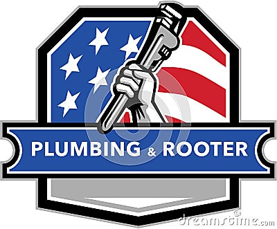 Plumber Hand Pipe Wrench USA Flag Crest Retro Stock Photo