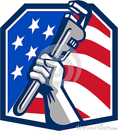 Plumber Hand Pipe Wrench USA Flag Retro Vector Illustration