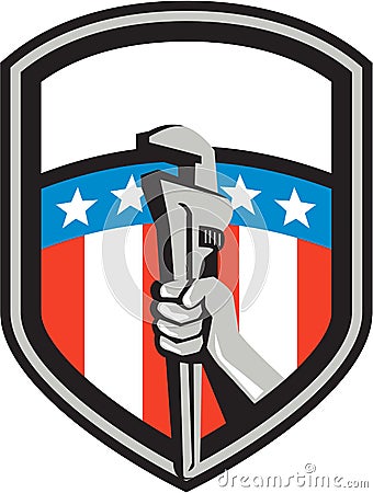 Plumber Hand Pipe Wrench USA Flag Shield Retro Vector Illustration