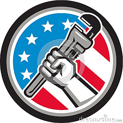 Plumber Hand Pipe Wrench USA Flag Side Angled Circle Vector Illustration