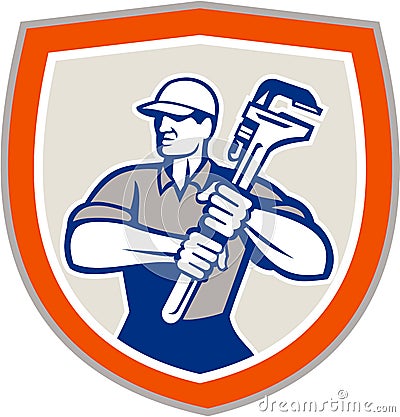 Plumber Holding Giant Monkey Wrench Shield Vector Illustration