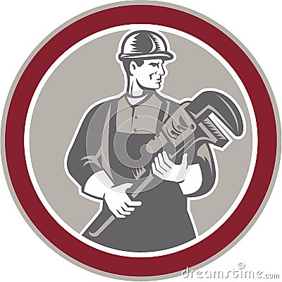 Plumber Holding Giant Wrench Woodcut Circle Vector Illustration