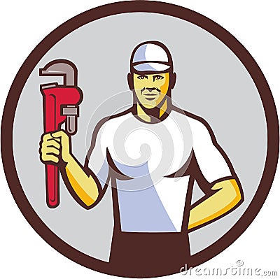 Plumber Holding Monkey Wrench Circle Retro Vector Illustration