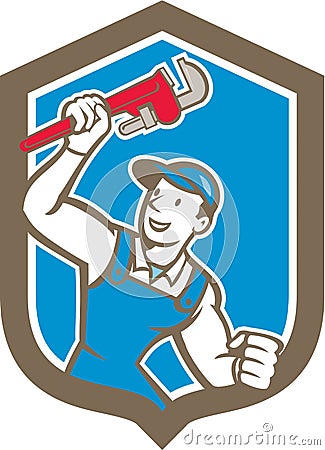 Plumber Holding Monkey Wrench Shield Cartoon Vector Illustration