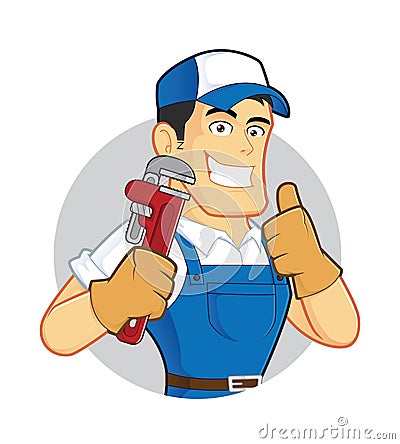 Plumber holding a pipe wrench inside circle shape Vector Illustration