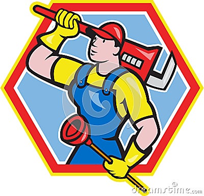 Plumber Holding Plunger Wrench Cartoon Vector Illustration