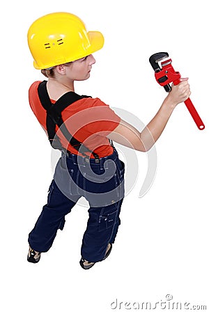 Plumber holding spanner Stock Photo