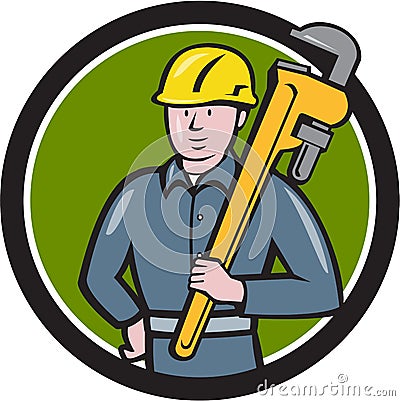 Plumber Holding Wrench Circle Cartoon Vector Illustration