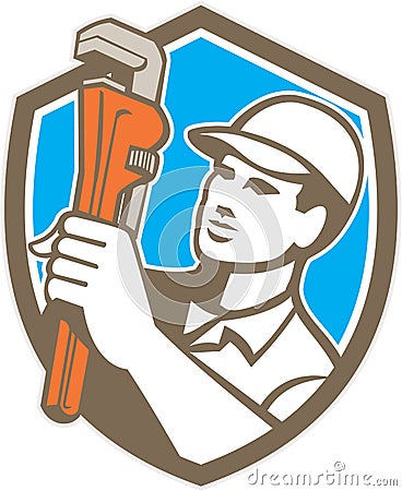 Plumber Holding Wrench Shield Retro Vector Illustration