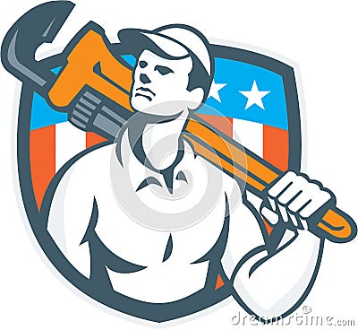 Plumber Holding Wrench USA Flag Retro Vector Illustration