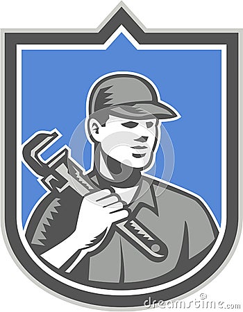 Plumber Holding Wrench Woodcut Shield Stock Photo