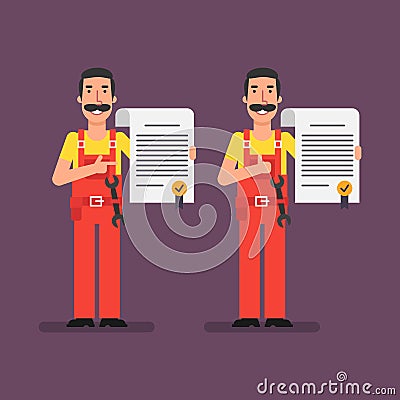 Plumber holds contract and smiling Vector Illustration