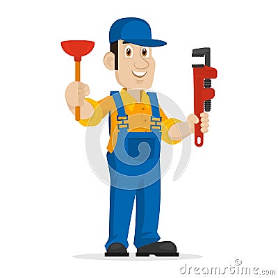 Plumber holds plunger and adjustable spanner Vector Illustration