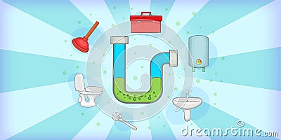 Plumber horizontal banner tools, cartoon style Vector Illustration