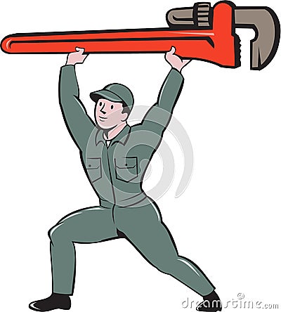 Plumber Lifting Monkey Wrench Cartoon Vector Illustration