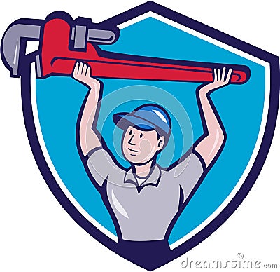 Plumber Lifting Monkey Wrench Crest Cartoon Vector Illustration